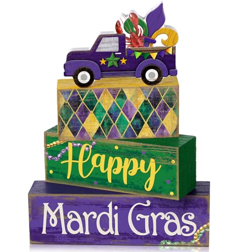 4 Pcs Mardi Gras Tiered Tray Decor Wooden Blocks (Truck)