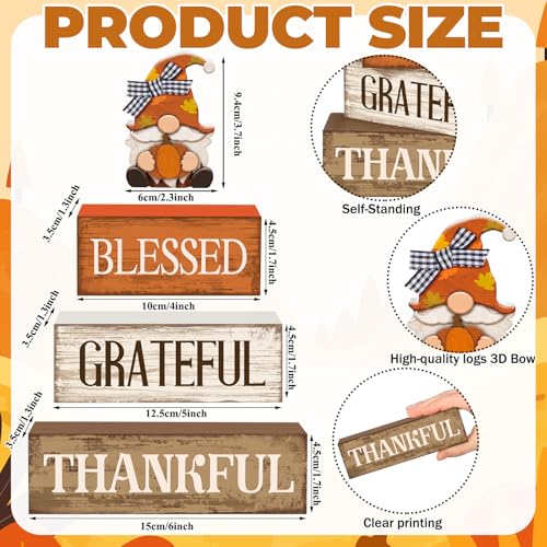 4 Pcs Fall Gnome Block Signs Thanksgiving Tiered Tray Decor (Blessed Gnome)