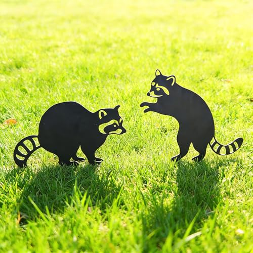 2 Pack Raccoon Metal Garden Stakes for Outdoor Decor (Two Raccoons)