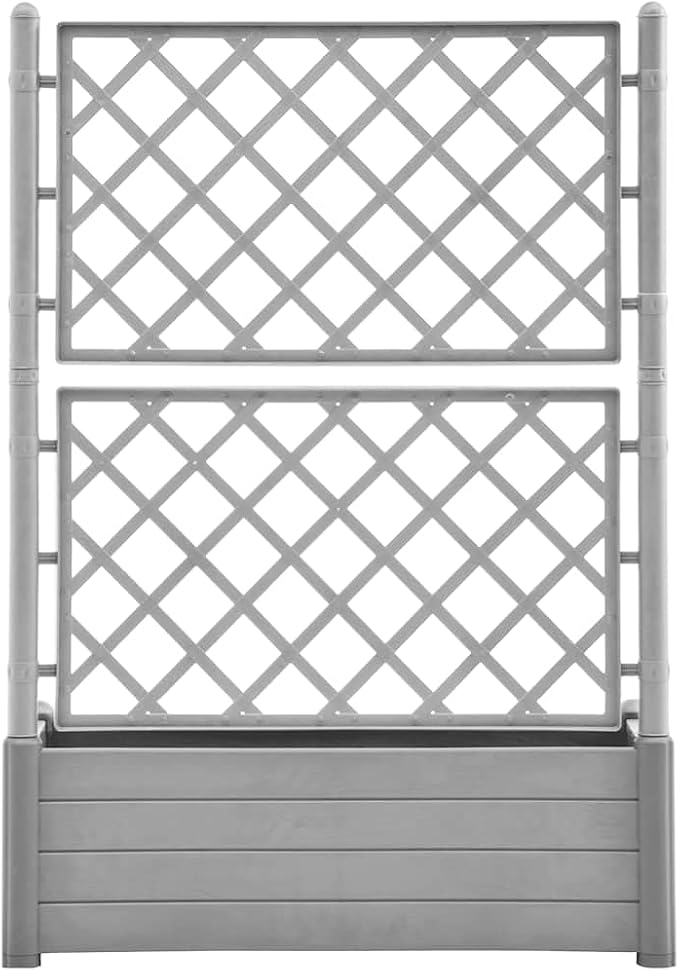 vidaXL Garden Raised Bed with Trellis, Raised Bed for Flowers and Plants, Planter with Drainage Hole, Outdoor and Indoor Use, Grey, 39.4"x16.9"x55.9" Plastic