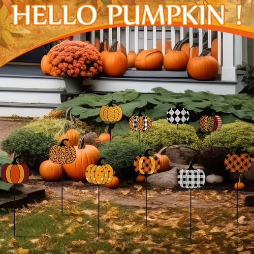 10 Pcs Fall Pumpkin Metal Garden Stakes Autumn Colorful Pumpkin Yard Signs Thanksgiving Decorative Garden Stakes Harvest Metal Yard Signs for Indoor Outside Porch Lawn Decor (Pumpkin)