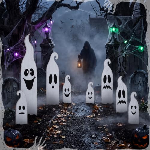 8 Pcs Halloween White Ghost Yard Signs Outdoor with Stakes