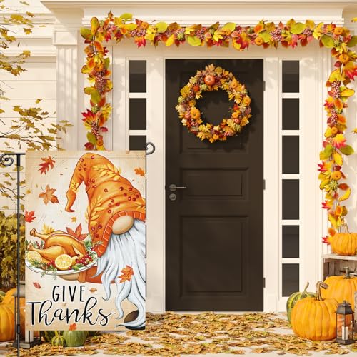 Thanksgiving Garden Flag 12x18 Inch Double Sided Give Thanks Gnome Flag Burlap Vertical Small Turkey Fall Garden Flags for Outside House Farmhouse Yard Harvest Autumn Decoration