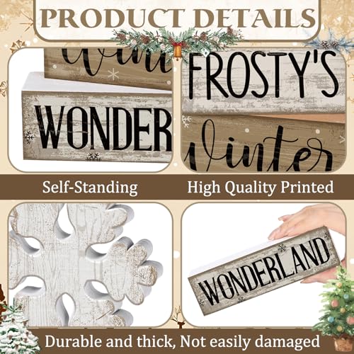 4 Pcs Winter Table Decorations Wooden Snowflake Decor Winter Tiered Tray Decor Rustic Snow Block Signs Gift Farmhouse Snowflake Table Centerpiece for Wonderland Party Kitchen Home (Snowflake)