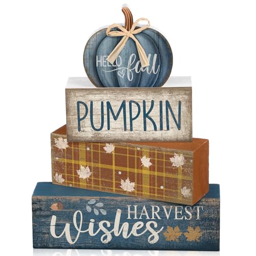 4 Pcs Blue Pumpkin Wooden Block Signs Fall Farmhouse Decor (Blue Pumpkin)