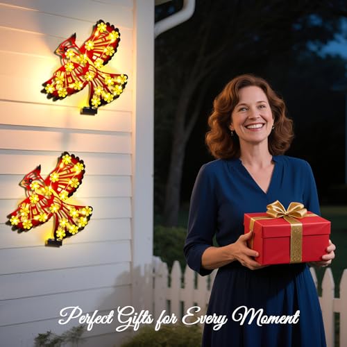 Metal Cardinal Outdoor Wall Decor with 30 Led Solar Lights (Red-cardinal)