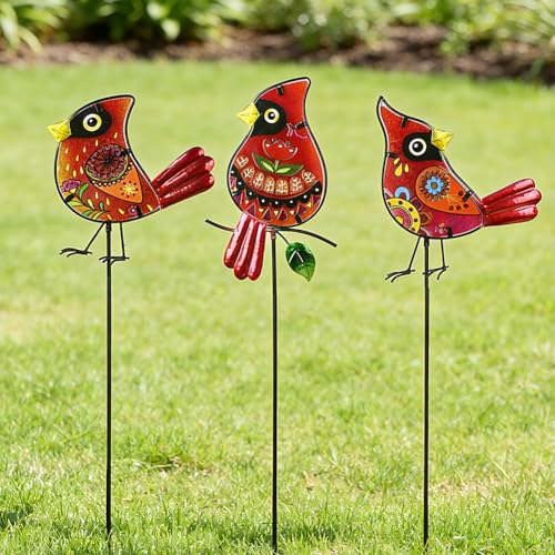 Set of 3 Cardinal Stained Glass Decorative Garden Stakes (Cardinal)