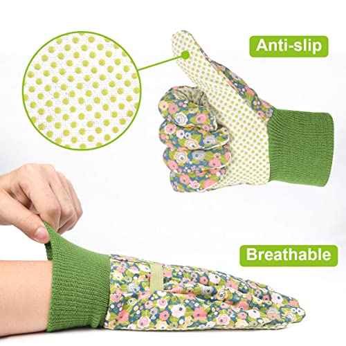 Floral Gardening Gloves for Women (Green+light Blue Flowers)