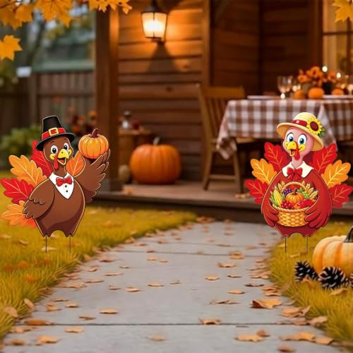 2 Pack Thansgiving Turkey Garden Stakes Metal Turkey Pumpkin Fall Yard Sign for Autumn Harvest Thanksgiving Outdoor Party Decorations (Thansgiving)