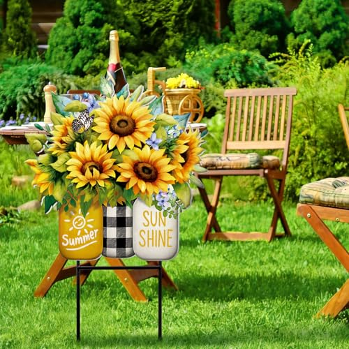 Summer Sunflower Outdoor Decor Metal Garden Stakes 25 Inch Summer Welcome Yard Signs Decorations Outdoor Sunflower Decorative Garden Stakes Patio Lawn Walkway Backyard Porch Decorations (Summer Sunflower Mason Jars)
