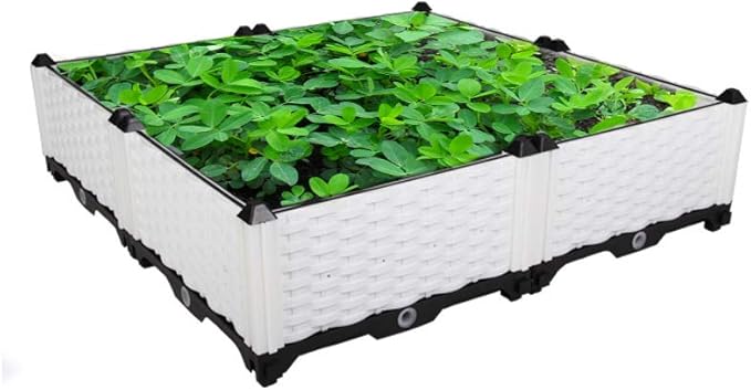BAOYOUNI Raised Garden Bed Kit DIY Plastic Planter Box for Growing Fresh Vegetables, Herbs, Flowers & Succulents in Balcony, Rooftop, Patio or Yard, White, 30.7'' x 30.7'' x 8.66''