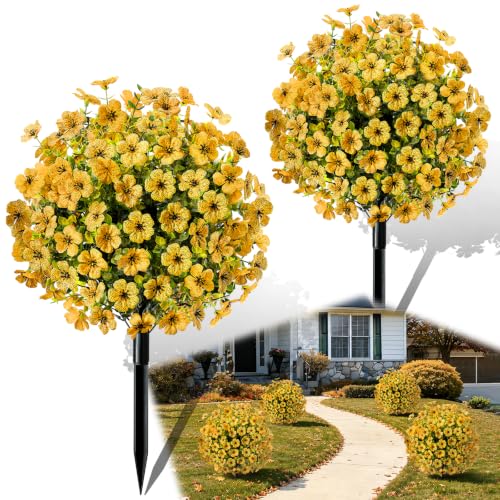 2 Pack 22" Artificial Fall Flowers Stake UV Resistant Outdoor Autumn Yellow (Yellow)