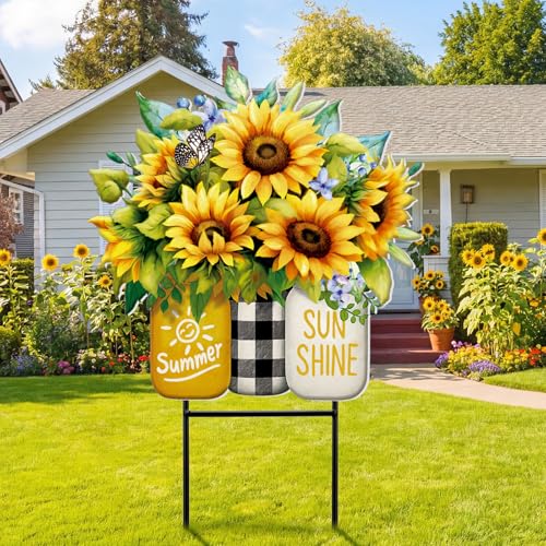 Summer Sunflower Outdoor Decor Metal Garden Stakes 25 Inch Summer Welcome Yard Signs Decorations Outdoor Sunflower Decorative Garden Stakes Patio Lawn Walkway Backyard Porch Decorations (Summer Sunflower Mason Jars)