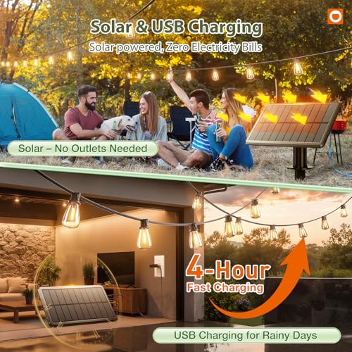 52FT(48+4) Solar String Lights Outdoor, Waterproof Dimmable 16+1 LED (48+6FT(15 Sockets)(1 Pack))