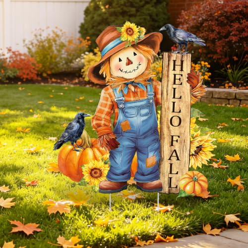 Fall Yard Sign Scarecrow Pumpkin Flower Metal Garden Stakes Hello Fall Lawn Ornaments Seasonal Harvest Decoration for Autumn Thanksgiving Outdoor Porch Patio Garden