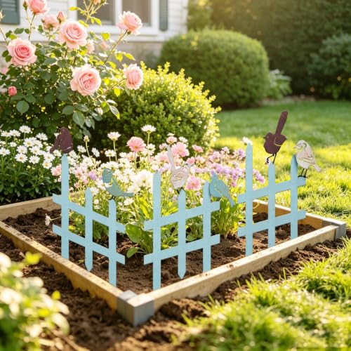 3 Pcs Small Garden Fence with 6 Piece Bird Decoration (Blue)