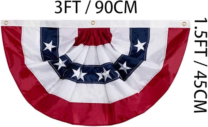 Jayus US Bunting Flag 1. 5x3 FT- Embroidered Stars USA American Pleated Fan Flag- Patriotic Half Fan Banner Flag with 3 Brass Grommets for 4th of July Memorial Day Party Outdoor