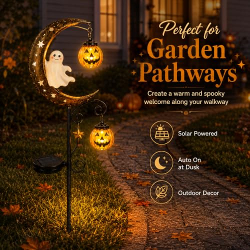Solar Halloween Ghost & Pumpkin Moon Garden Stake Light (Ghost)