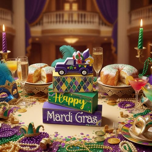 4 Pcs Mardi Gras Tiered Tray Decor Wooden Blocks (Truck)