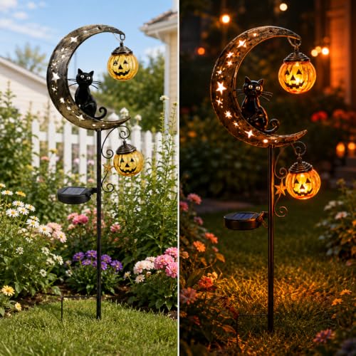 Solar Halloween Black Cat & Pumpkin Moon Garden Stake Light (B)