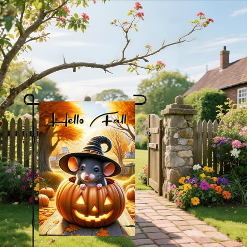 Halloween Welcome Witch Hat Garden Flag 12x18 Inch Double Sided (Mouse Pumpkin Hat Hello Fall)