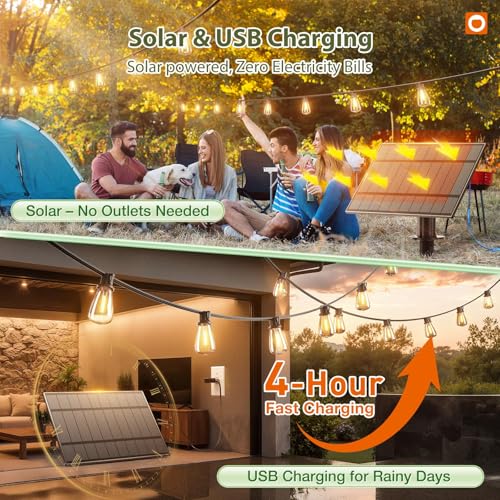 54FT(48+6) Solar String Lights Outdoor, Waterproof Dimmable 24+2 LED (48+6FT(24 Sockets)(1 Pack))
