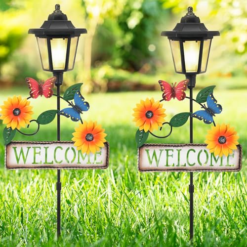2 Pack Solar Garden Lights Butterfly with Welcome Sign (Yellow Flower)