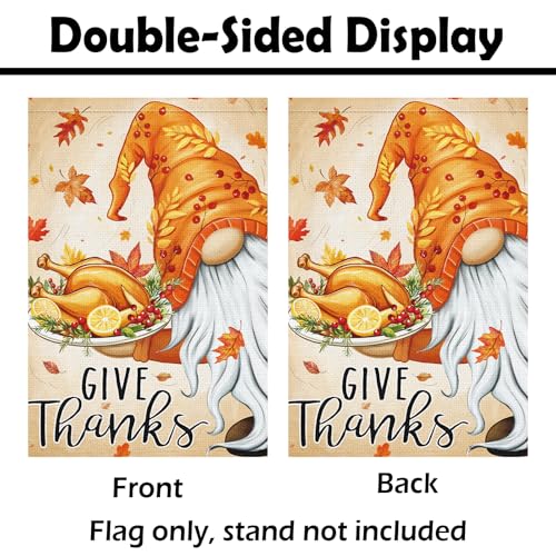 Thanksgiving Garden Flag 12x18 Inch Double Sided Give Thanks Gnome Flag Burlap Vertical Small Turkey Fall Garden Flags for Outside House Farmhouse Yard Harvest Autumn Decoration