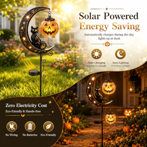 Solar Halloween Black Cat & Pumpkin Moon Garden Stake Light (Style-C)