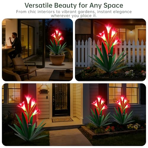 Solar Metal Agave Lily Flower Garden Sculpture with LED Lights 30.3 Inch Waterproof Outdoor (GRASS GREEN)