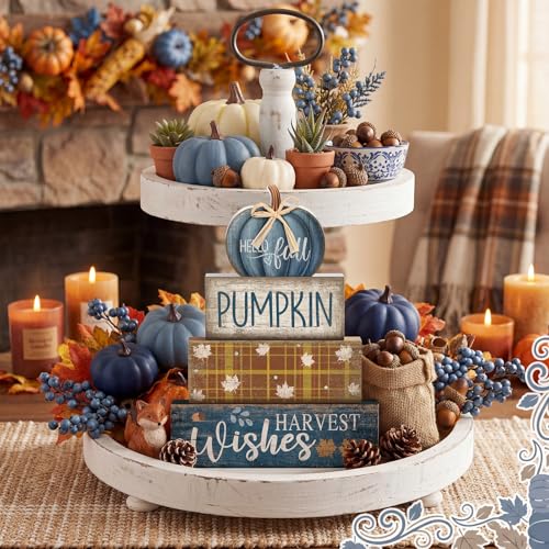 4 Pcs Blue Pumpkin Wooden Block Signs Fall Farmhouse Decor (Blue Pumpkin)