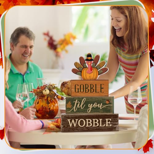 4 Pcs Fall Table Decor Thanksgiving Turkey Wooden Block Signs (Turkey)