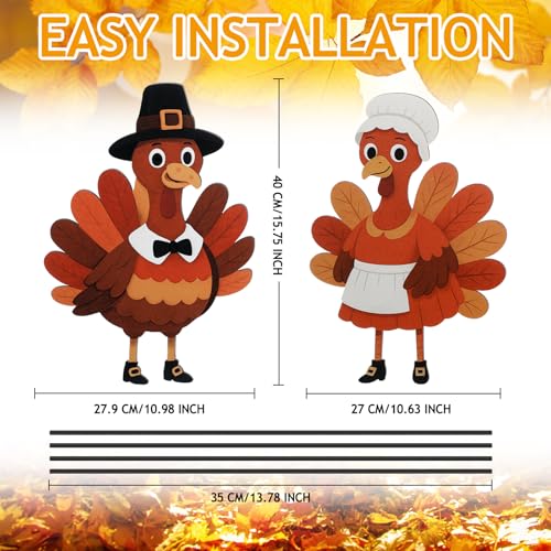 2 Pack Fall Thanksgiving Metal Yard Sign Stake (Pilgrim Turkey)