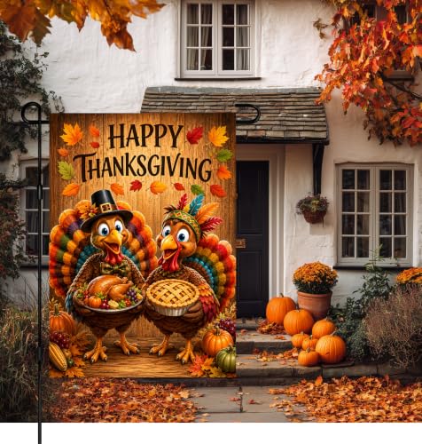 Thanksgiving Turkey Garden Flag Pie Harvest Decor 12x18 Inch (Festive Feast Pair)