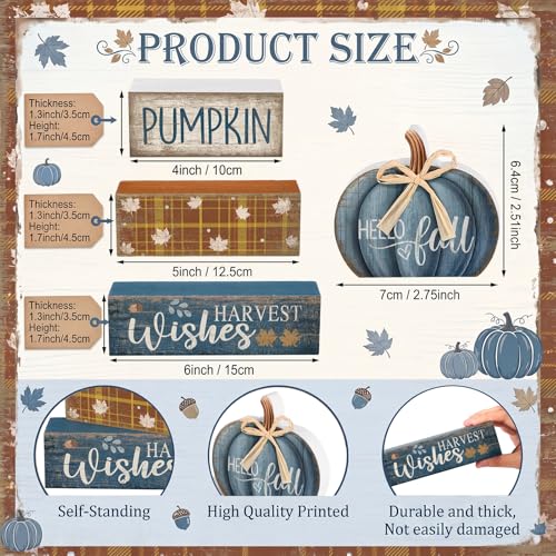4 Pcs Blue Pumpkin Wooden Block Signs Fall Farmhouse Decor (Blue Pumpkin)