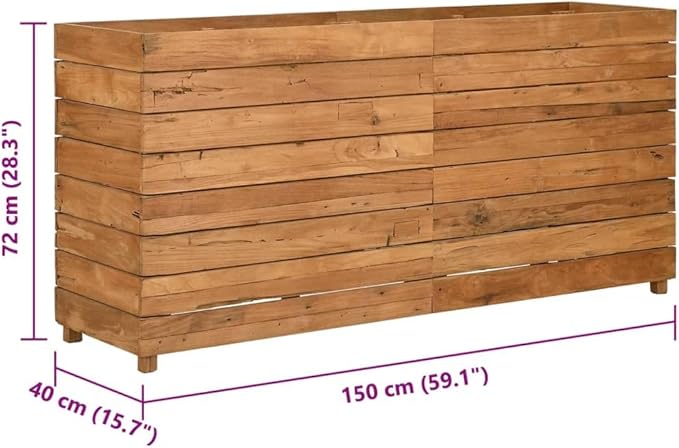 Raised Garden Bed 59.1" x 15.7" x 28.3" Recycled Teak Wood and Steel Raised Planter with Adjustable Steel Rack for Outdoor Garden, Patio, Balcony - Durable, Stylish, Easy to Assemble