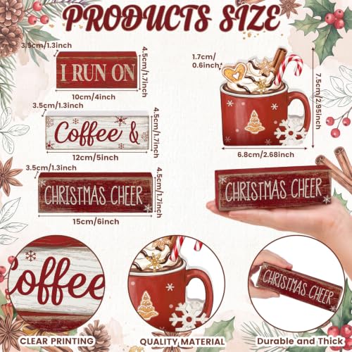 4 Pcs Christmas Coffee Table Decor Hot Chocolate Cocoa Wooden Stacked Sign Rustic Christmas Tiered Tray Decor Cocoa Centerpiece Block Signs Gift Xmas Decoration for Home Coffee Bar Kitchen (I Run on Coffee & Christmas Cheer)
