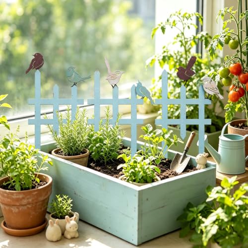 3 Pcs Small Garden Fence with 6 Piece Bird Decoration (Blue)