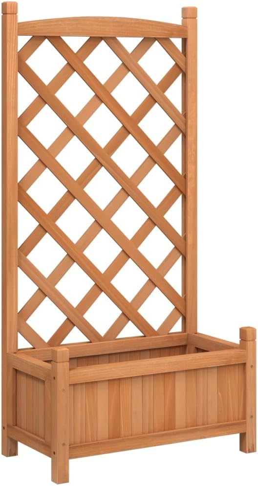 Solid Fir Wood Raised Planter Box with Trellis Brown Rectangular for Outdoor Garden Patio Balcony – Sturdy Natural Finish Medium Size 11.6x21.7x43.3 Inches