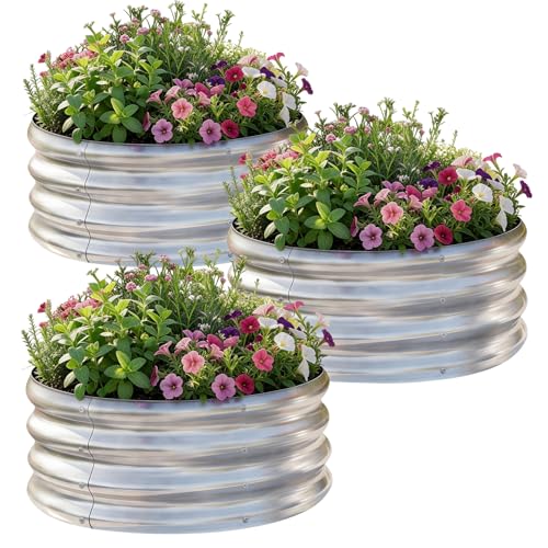 3Pack 2x2x1 ft Round Galvanized Raised Garden Bed Kit Round Metal Flower Box Large Planter Raised Beds Outdoor Garden for Planting (Silver / 2x2x1ft(3pack))