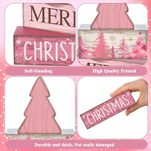 4 Pcs Wooden Merry Christmas Block Signs Pink Farmhouse Decor (Pink Christmas)