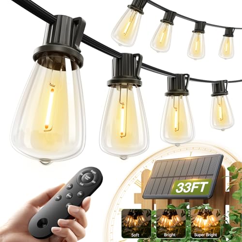 33FT(27+6) Solar String Lights Outdoor, Waterproof Dimmable 9+1 LED (27+6FT(9 Sockets)(1 Pack))