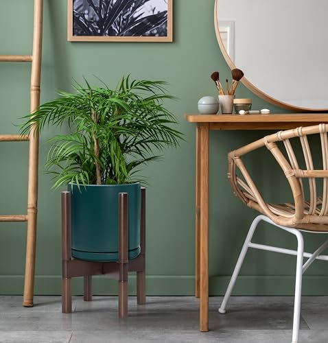 Ceramic Pot with Walnut Wood Stand (8 Inch / Teal Pot + Walnut Color Stand)