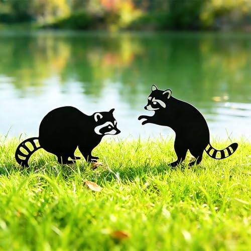 2 Pack Raccoon Metal Garden Stakes for Outdoor Decor (Two Raccoons)