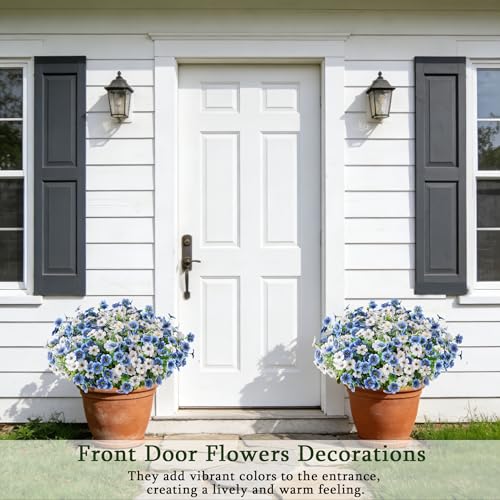 16PCS UV Resistant Artificial Flowers for Outdoors (White+blue / 16PCS)