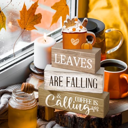 4 Pcs Fall Coffee Table Decor Wooden Pumpkin Latte Block Signs (Coffee)