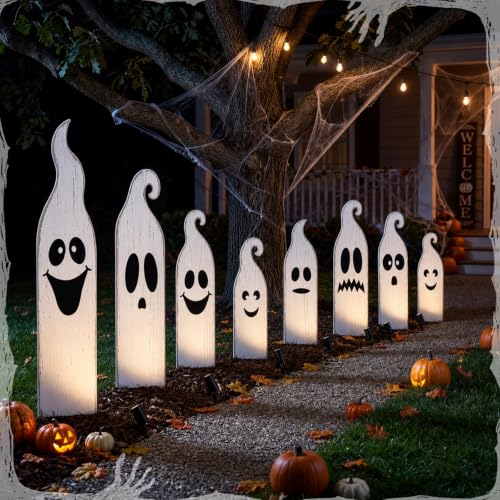 8 Pcs Halloween White Ghost Yard Signs Outdoor with Stakes