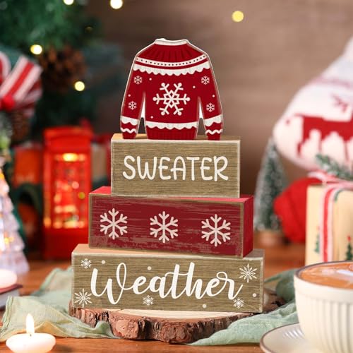 4 Pcs Christmas Table Decoration Wooden Block Signs Sweater (Christmas Sweate)