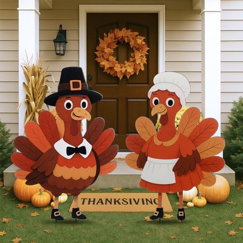2 Pack Fall Thanksgiving Metal Yard Sign Stake (Pilgrim Turkey)