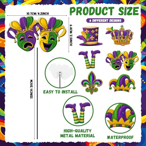 6 Pcs Mardi Gras Metal Garden Stakes Mardi Gras Carnival Metal Garden Signs Yard Stakes Outdoor Decor for Carnival Party Home Lawn Porch Holiday Front Backyard (Mardi Gras)
